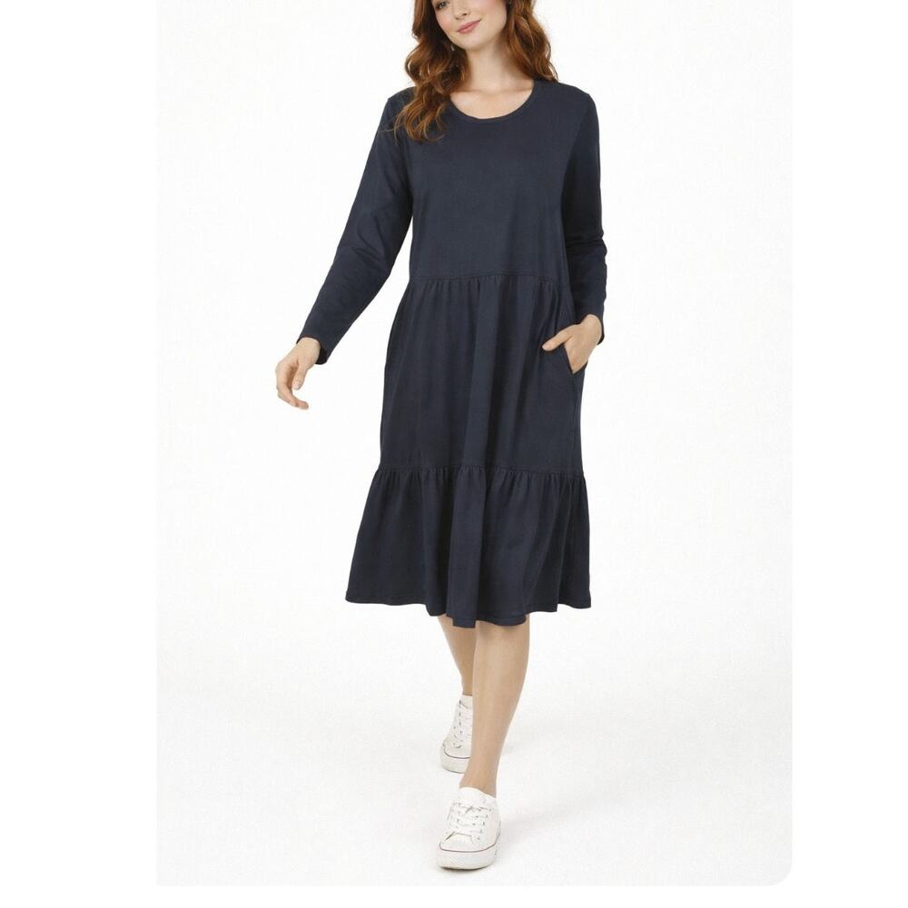 Logo by Lori Goldstein Tiered Midi Dress Pockets Navy Blue  SZ LP Casual Comfort
